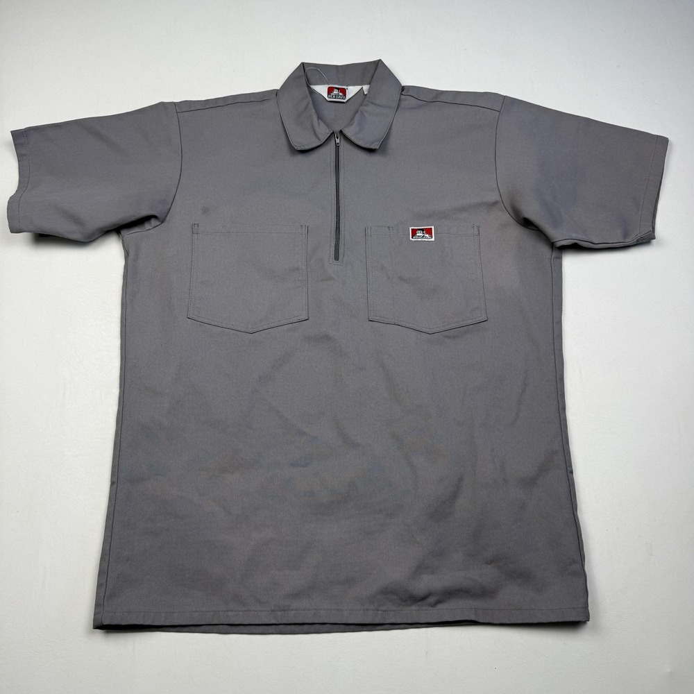 Ben Davis Polo Shirt Mens Medium Gray 1/4 Zip Twill Workwear Pockets Logo